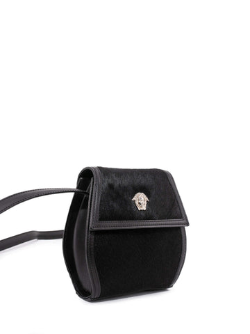 Versace Leather Pony Hair Mini Crossbody Flap Bag Black-designer resale