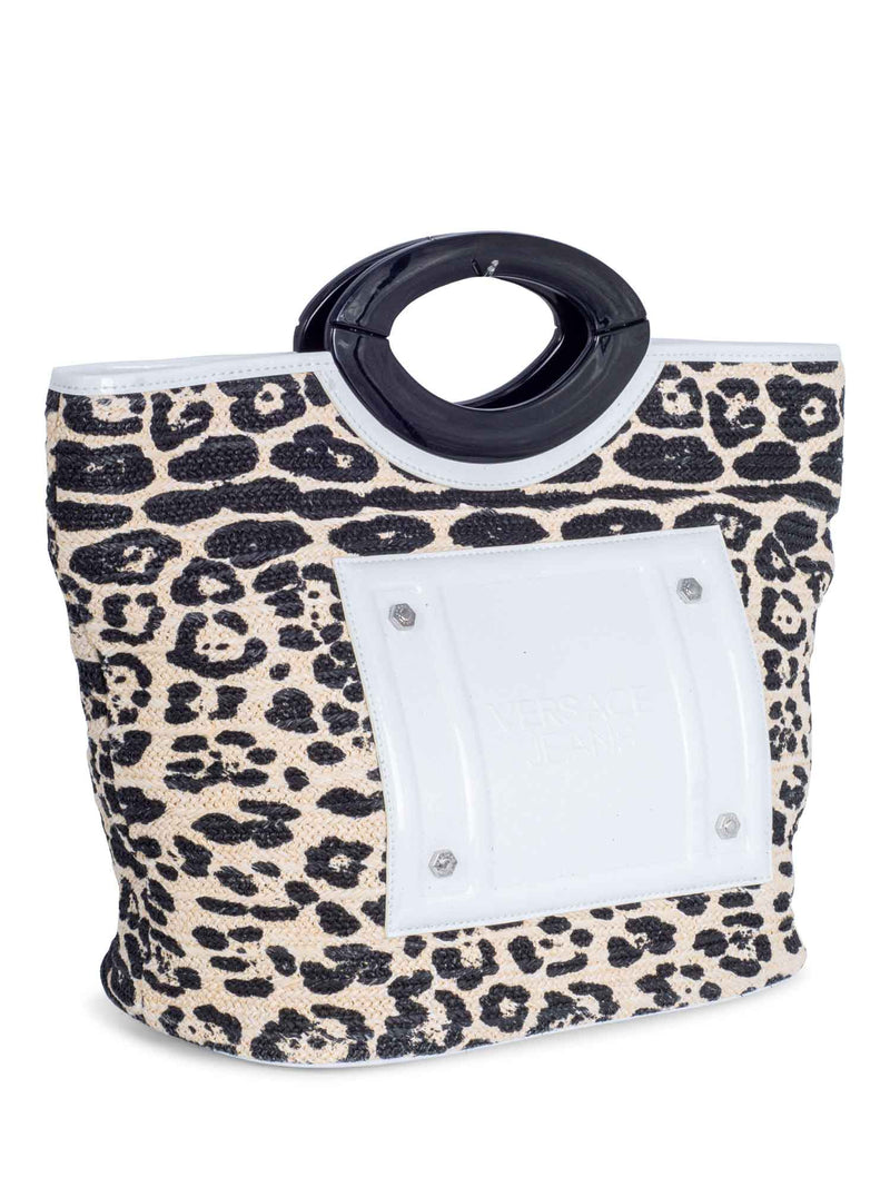 Versace Leather Raffia Woven Cheetah Print Beach Shopper Bag Beige