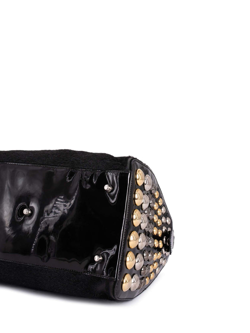 Versace Patent Leather Pony Hair Studded DV Speedy Bag 25 Black-designer resale