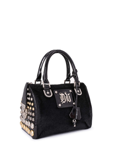 Versace Patent Leather Pony Hair Studded DV Speedy Bag 25 Black-designer resale