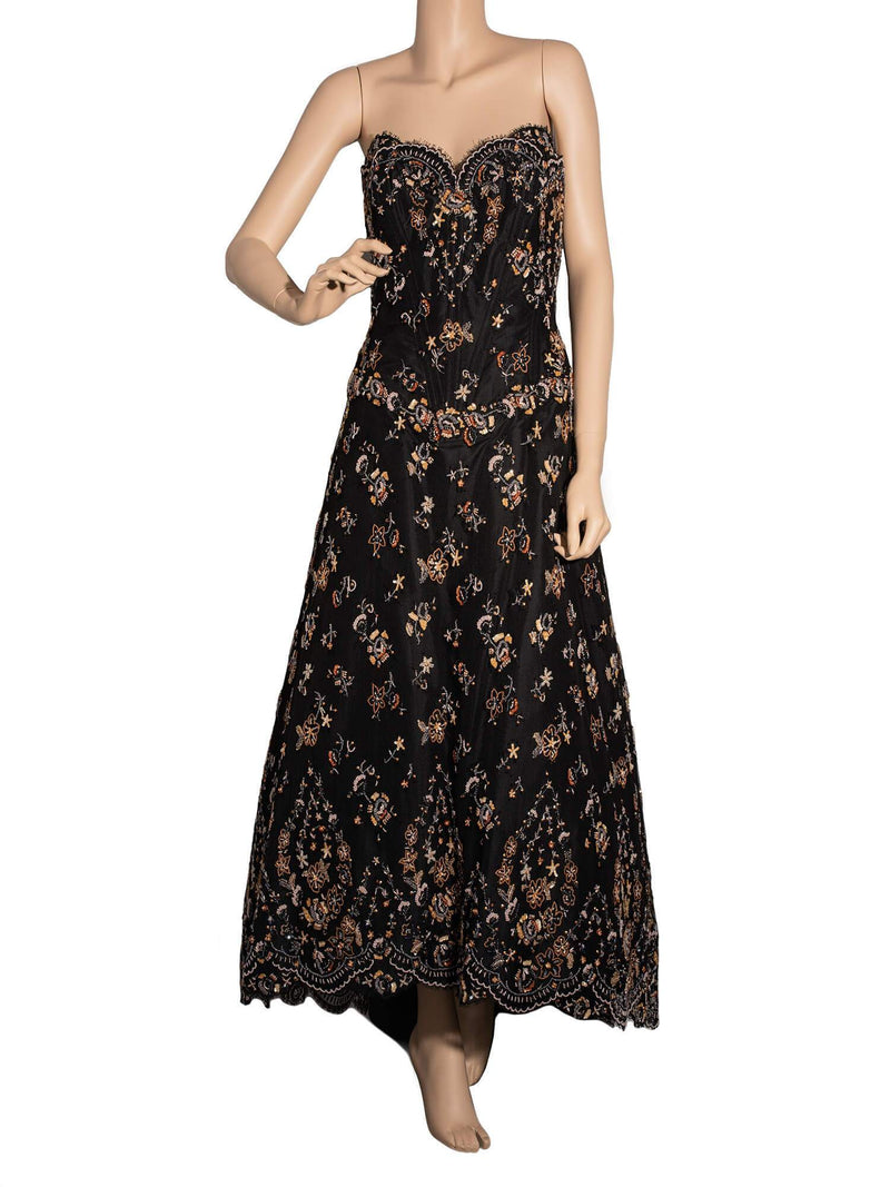 Vicky Tiel Couture Strapless Floral Ball Gown Black-designer resale