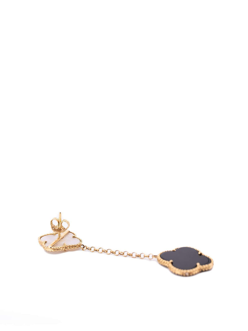 Vintage Custom 18K Gold Mother of Pearl Onyx Alhambra 2 Motif Earrings-designer resale