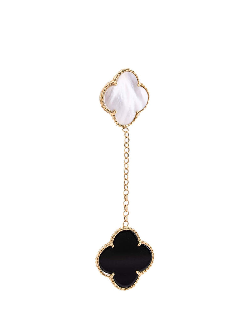 Vintage Custom 18K Gold Mother of Pearl Onyx Alhambra 2 Motif Earrings-designer resale