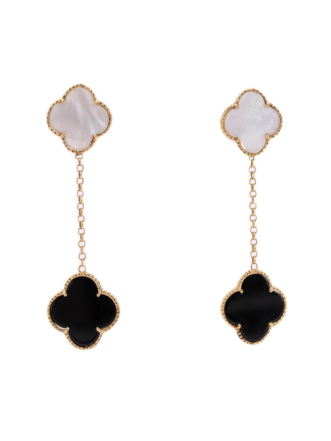 Vintage Custom 18K Gold Mother of Pearl Onyx Alhambra 2 Motif Earrings-designer resale
