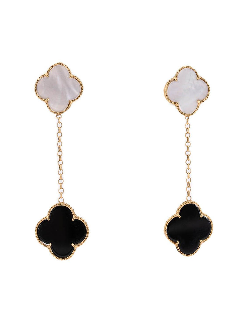 Vintage Custom 18K Gold Mother of Pearl Onyx Alhambra 2 Motif Earrings-designer resale