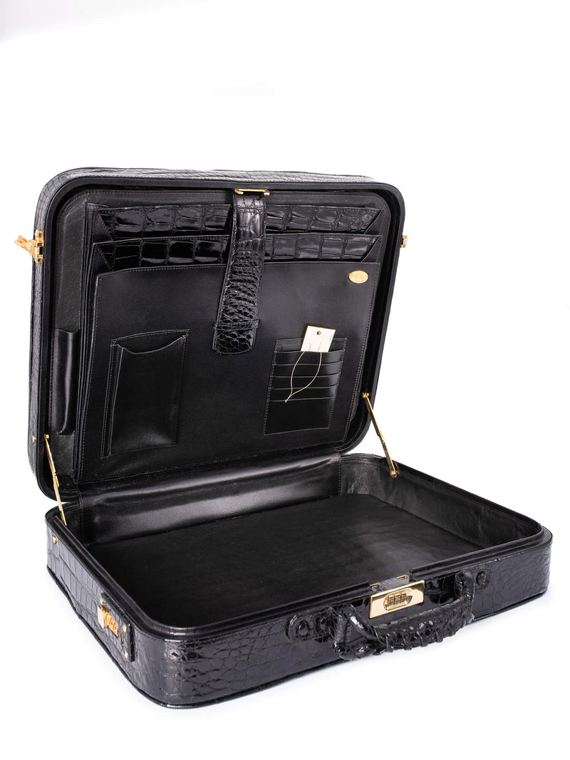 Vintage Shiny Crocodile Briefcase Black-designer resale