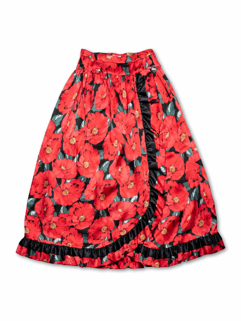 Vintage Silk Floral A-Line Maxi Skirt Red-designer resale