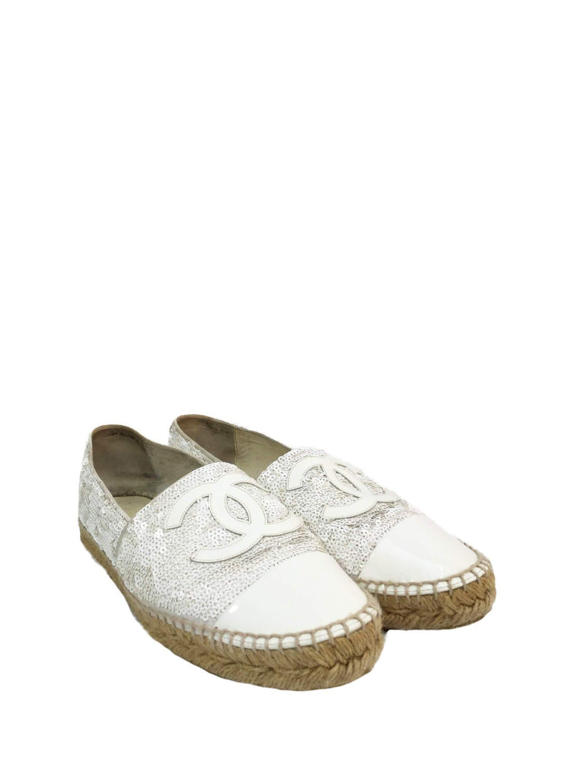 White CC Logo Patent Leather Sequin Espadrilles Flats Shoes 40-designer resale