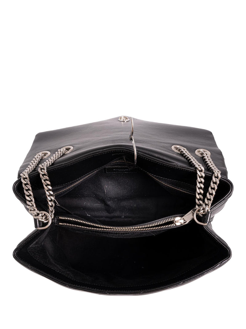 Yves Saint Laurent Chevron Leather Medium Loulou Flap Messenger Bag Black-designer resale