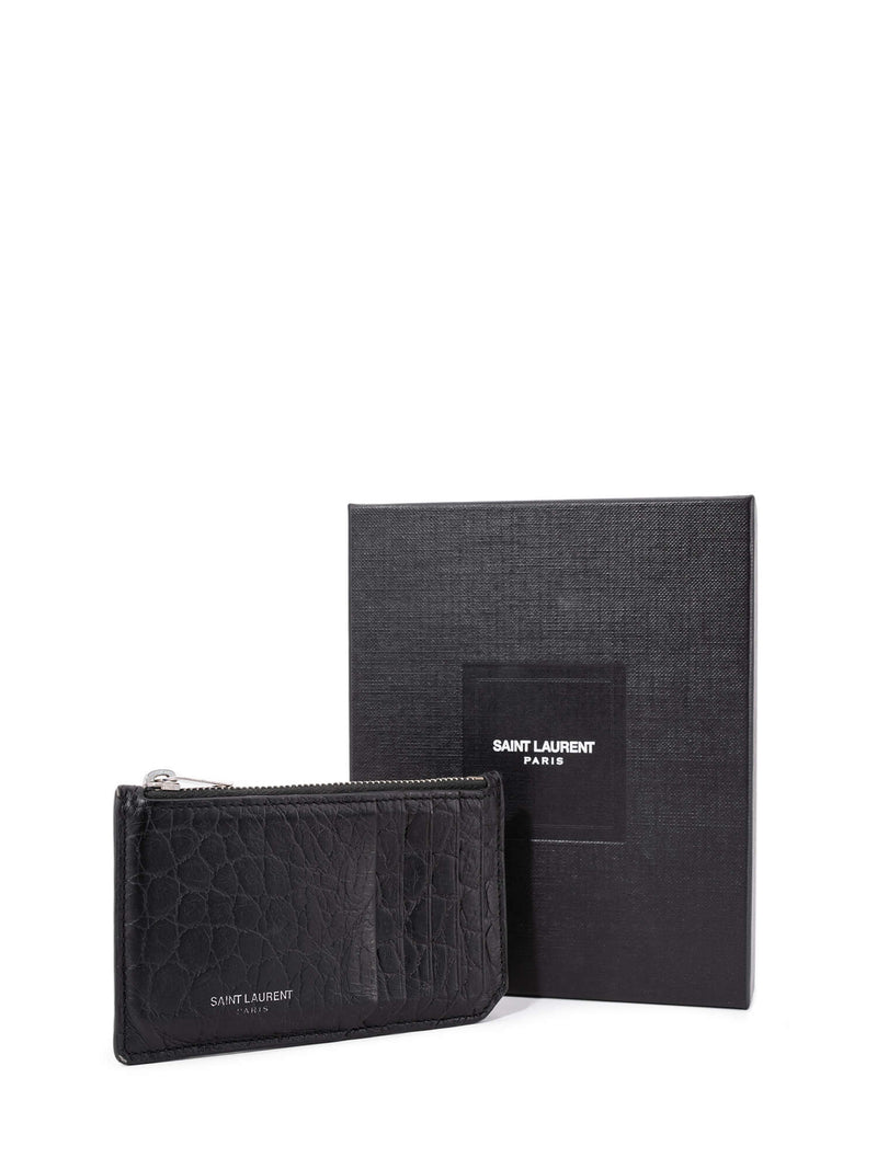 Yves Saint Laurent Croc Embossed Card Holder Black-designer resale
