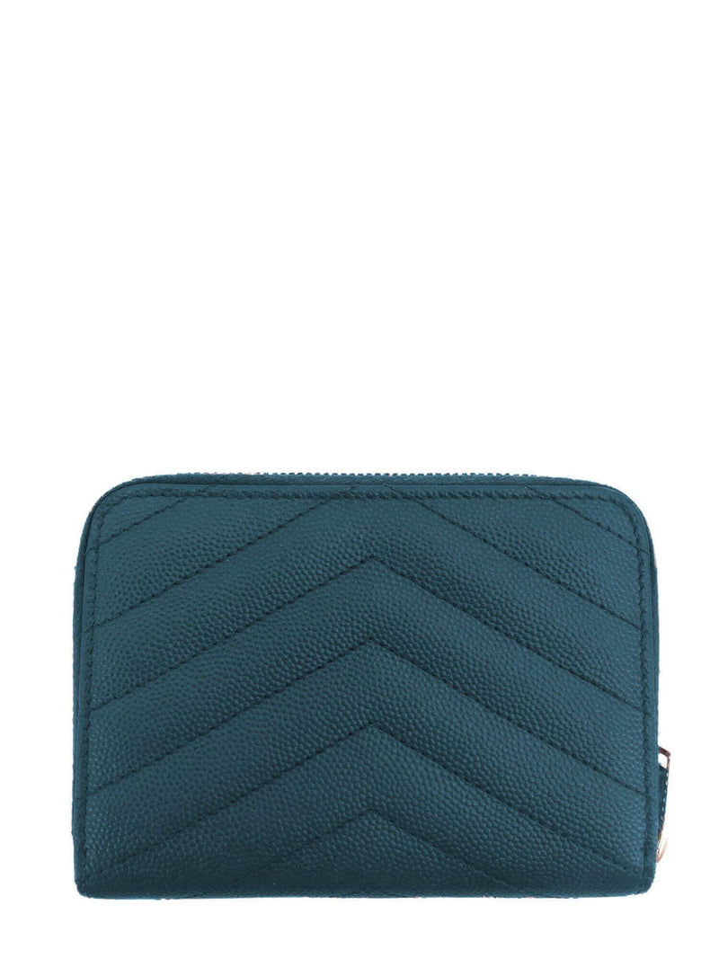 Yves Saint Laurent Grain De Poudre Chevron Monogram Compact Zip Around Wallet Blue-designer resale