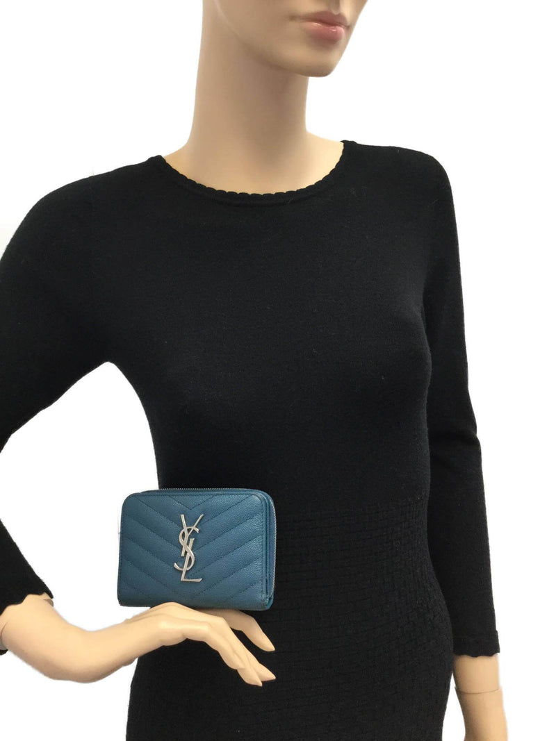 Yves Saint Laurent Grain De Poudre Chevron Monogram Compact Zip Around Wallet Blue-designer resale