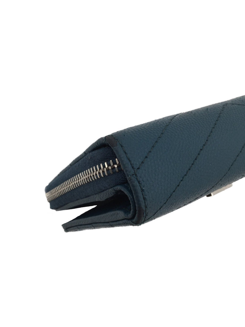 Yves Saint Laurent Grain De Poudre Chevron Monogram Compact Zip Around Wallet Blue-designer resale