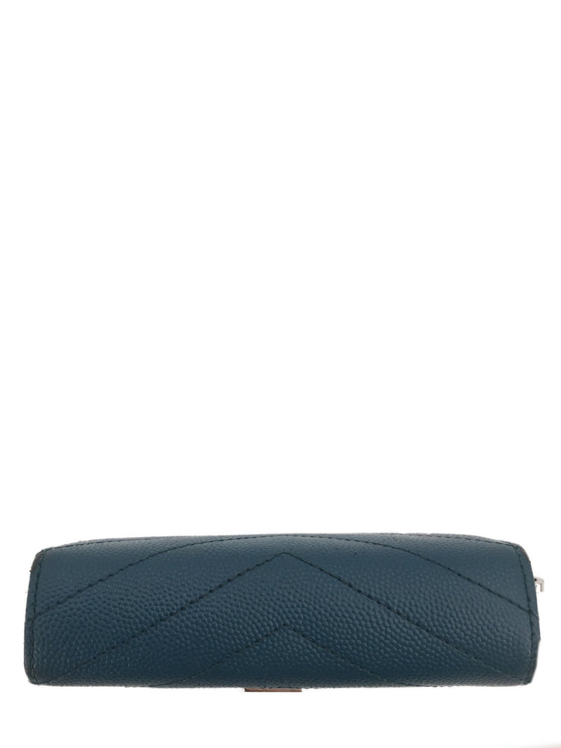 Yves Saint Laurent Grain De Poudre Chevron Monogram Compact Zip Around Wallet Blue-designer resale