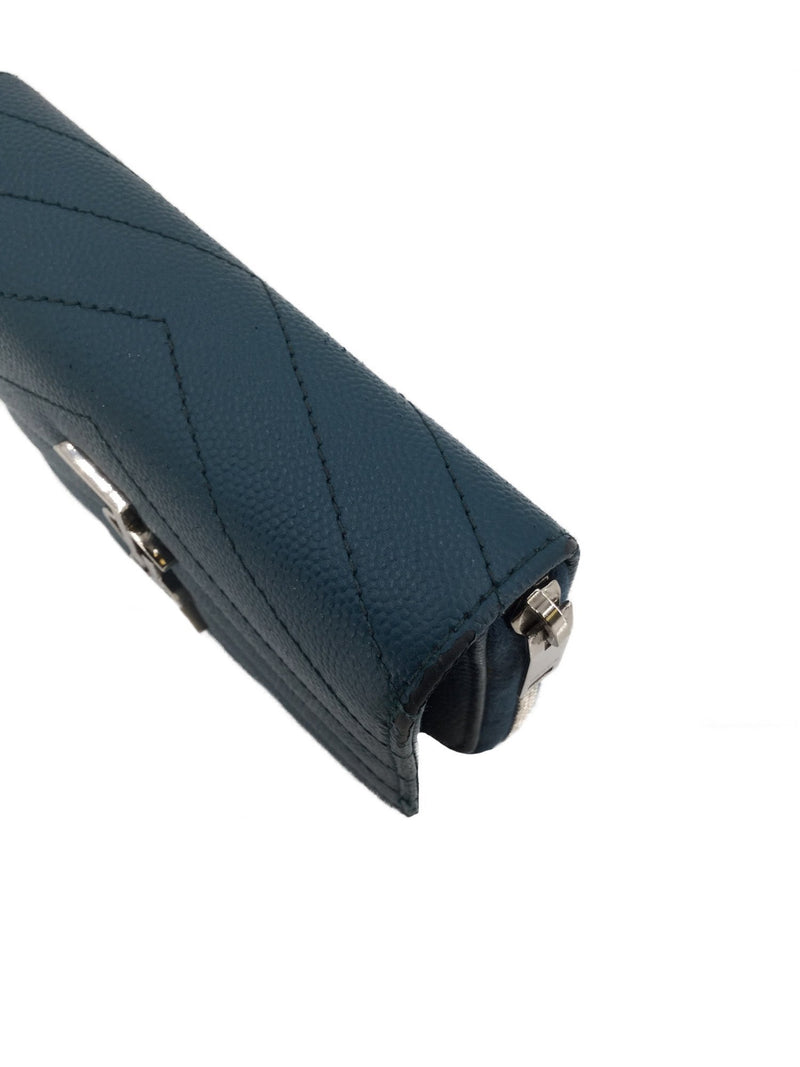 Yves Saint Laurent Grain De Poudre Chevron Monogram Compact Zip Around Wallet Blue-designer resale