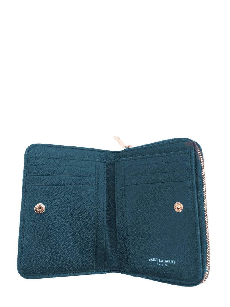 Yves Saint Laurent Grain De Poudre Chevron Monogram Compact Zip Around Wallet Blue-designer resale