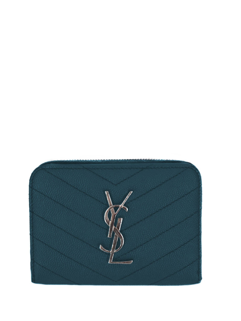 Yves Saint Laurent Grain De Poudre Chevron Monogram Compact Zip Around Wallet Blue-designer resale