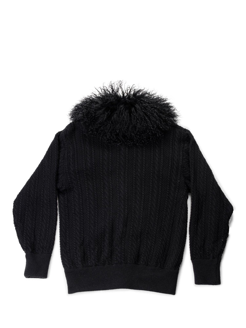 Yves Saint Laurent Leather Wool Curly Lamb Collar Sweater Jacket Black-designer resale