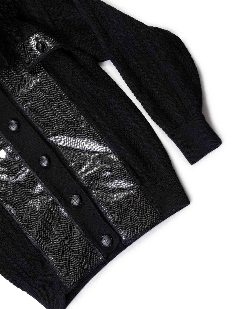 Yves Saint Laurent Leather Wool Curly Lamb Collar Sweater Jacket Black-designer resale