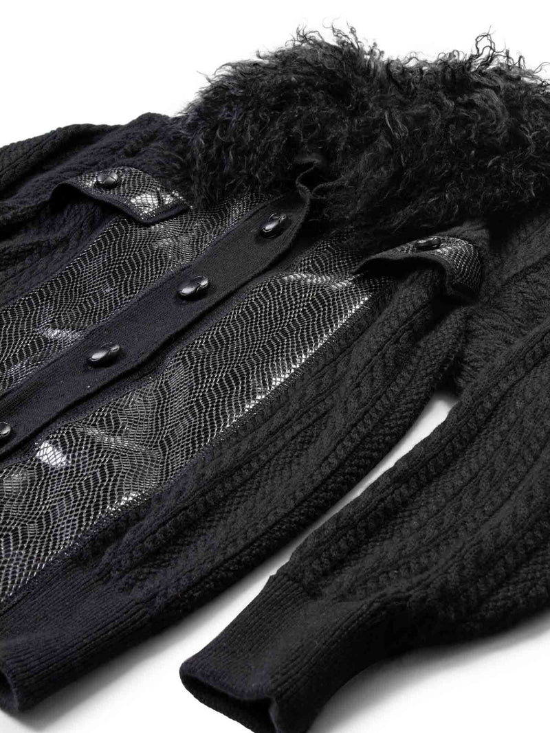 Yves Saint Laurent Leather Wool Curly Lamb Collar Sweater Jacket Black-designer resale