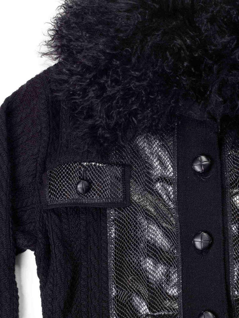 Yves Saint Laurent Leather Wool Curly Lamb Collar Sweater Jacket Black-designer resale