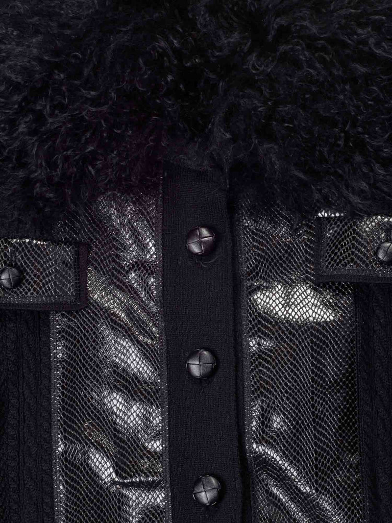 Yves Saint Laurent Leather Wool Curly Lamb Collar Sweater Jacket Black-designer resale