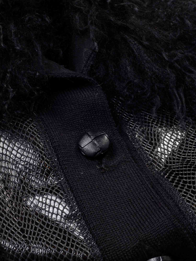 Yves Saint Laurent Leather Wool Curly Lamb Collar Sweater Jacket Black-designer resale