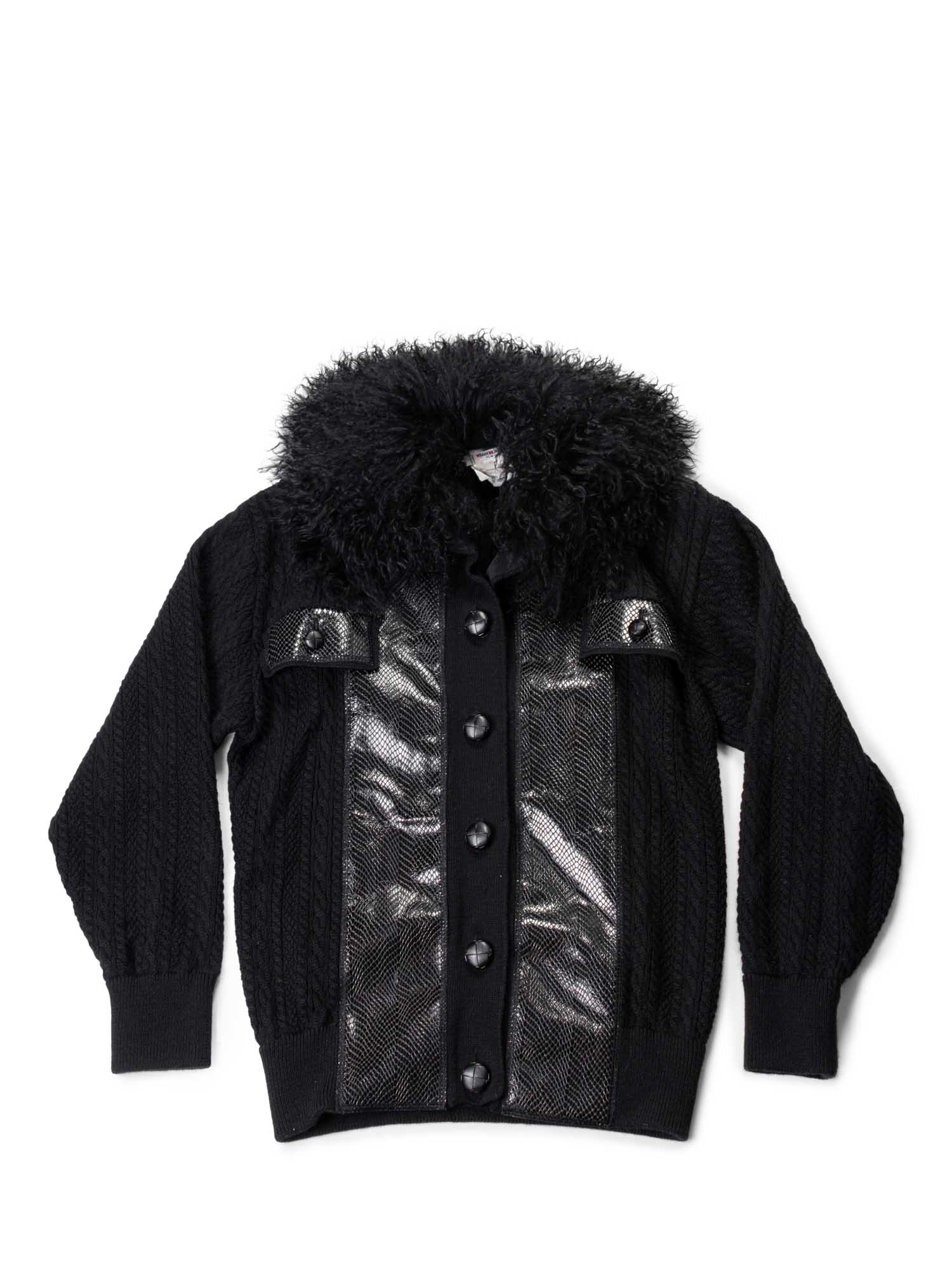 Yves Saint Laurent Leather Wool Curly Lamb Collar Sweater Jacket Black-designer resale