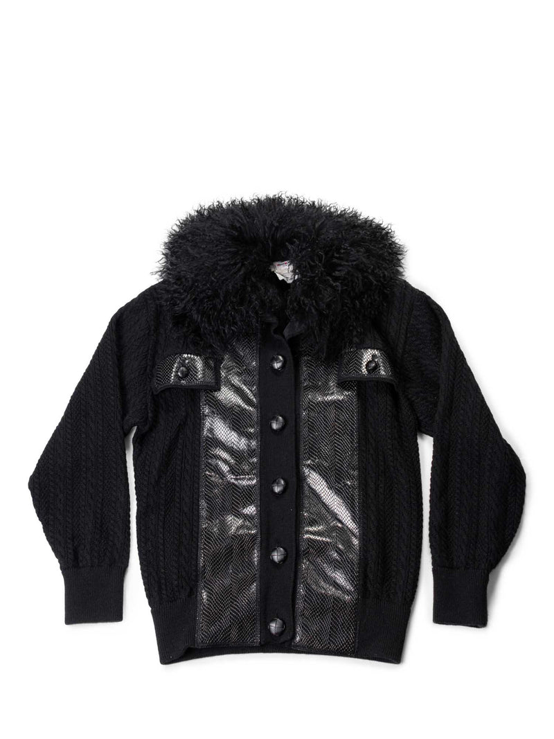 Yves Saint Laurent Leather Wool Curly Lamb Collar Sweater Jacket Black-designer resale