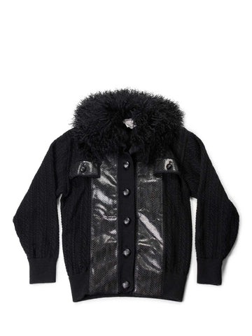 Yves Saint Laurent Leather Wool Curly Lamb Collar Sweater Jacket Black-designer resale