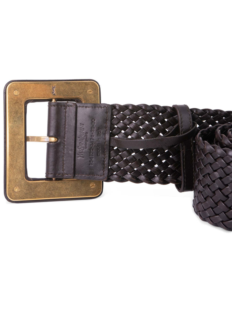 Yves Saint Laurent Leather Woven Large Buckle Belt Brown-designer resale