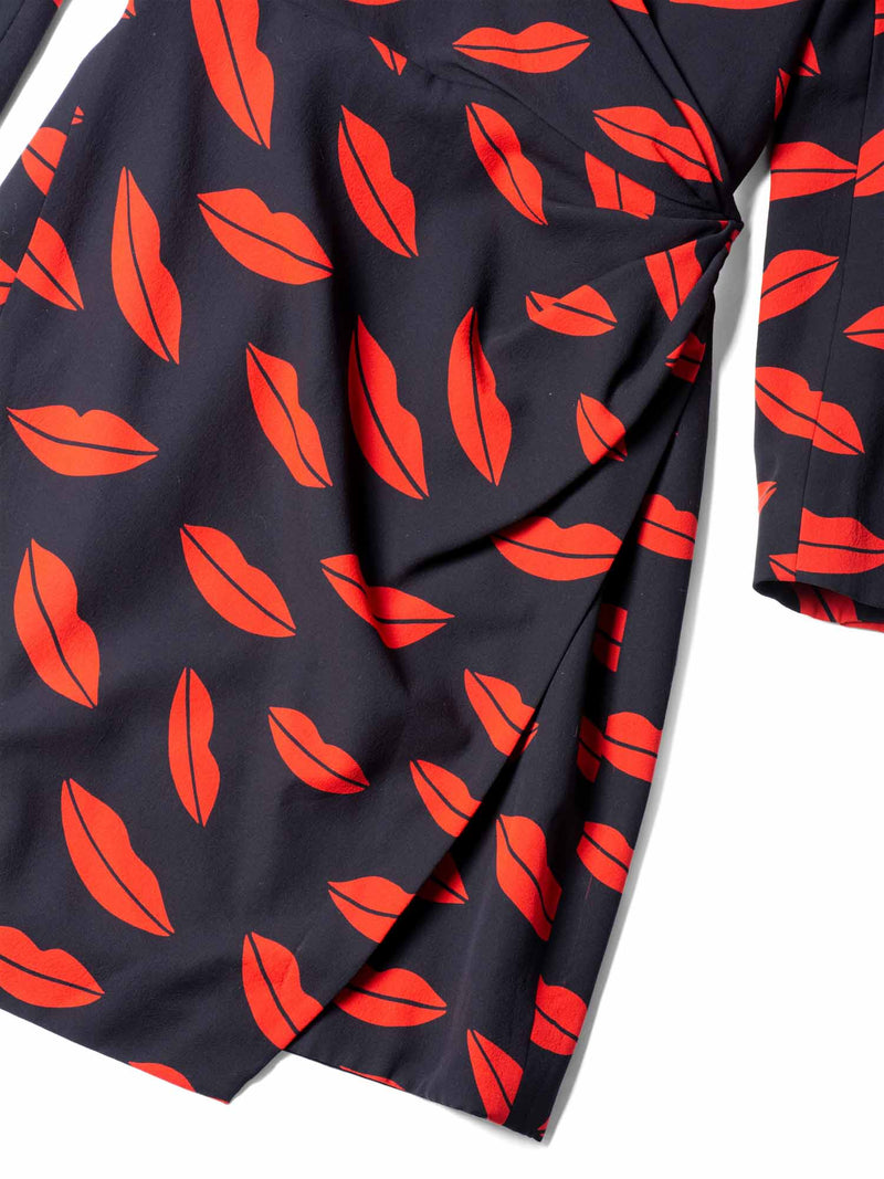 Yves Saint Laurent Silk Lips Print Wrap Dress Black Red-designer resale