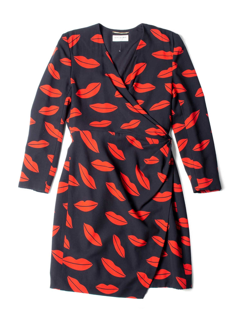 Yves Saint Laurent Silk Lips Print Wrap Dress Black Red-designer resale