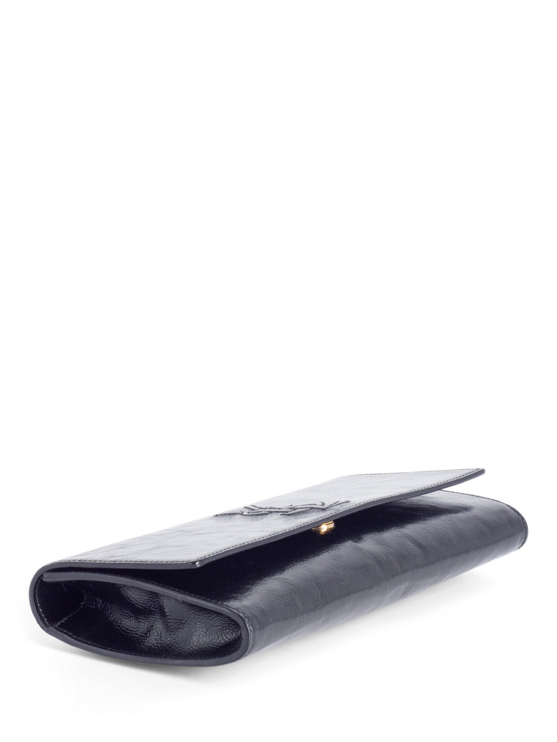 Yves Saint Laurent YSL Logo Patent Leather Flap Clutch Black